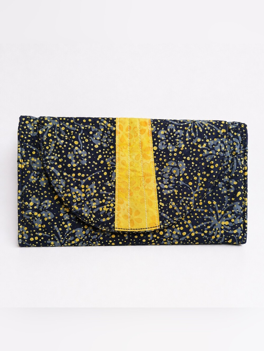 Cottagecore Charming Handmade Quilted Floral Navy and Yellow Clutch Wallet